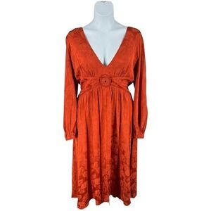 Anthropologie Love Whit Orange Jacquard Midi Dress XL V Neck Long Sleeve Holiday